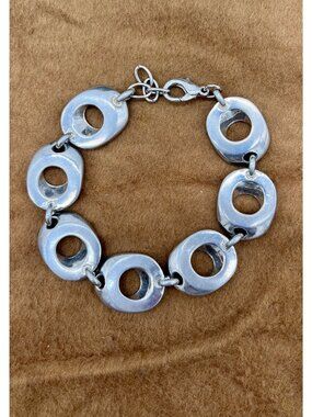 Vintage Modernist Cushion Link Silver Tone Bracelet 7"